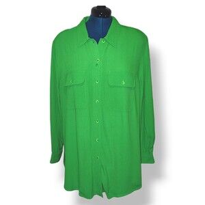 CL Carole Little Women's Green Button Down 100% Rayon Roll Tab Sleeve Bl…